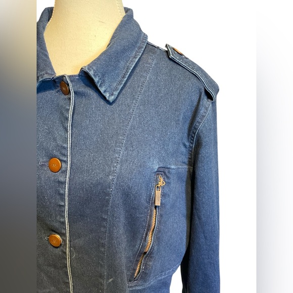 Jones New York denim ja features button down, epaulets, and a frayed hem. - Picture 2 of 6